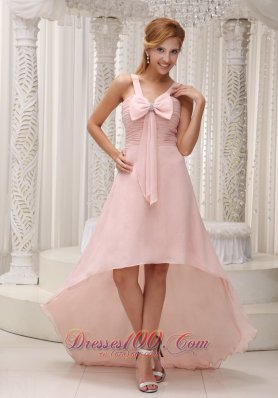 Light Pink Beautiful High-low Prom / Homecoming Dress For 2013 Ruched Bodice Bowknot With Beading Chiffon