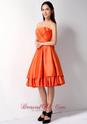 Customize Orange Red A-line Strapless Bow Bridesmaid Dress Knee-length Taffeta  Dama Dresses