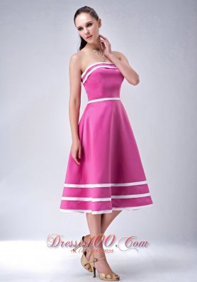 Hot Pink and White A-line / Princess StraplessTea-length Satin Bridesmaid Dress  Dama Dresses