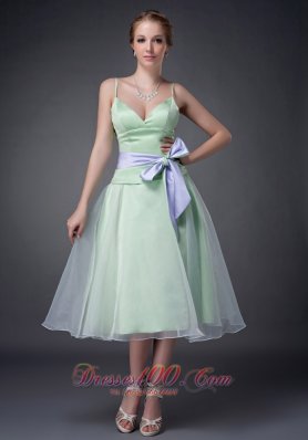 Sweet Apple Green A-line Straps Mother Of The Bride Dress Tea-length Organza Bowknot  Dama Dresses