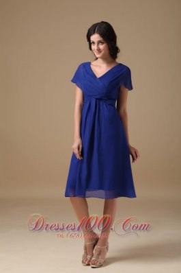Beautiful Royal Blue Mother of the Bride Dress A-line V-neck Chiffon Ruch Knee-length  Dama Dresses
