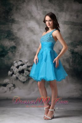 Aqua Blue A-line One Shouleder Mini-length Organza Beading Prom / Homecoming Dress  Dama Dresses