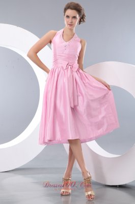 Exquisite Pink Junior Prom / Homecoming Dress Empire Halter Tea-length Taffeta Beading and Bowknot  Dama Dresses