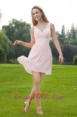 Baby Pink Empire V-neck Mini-length Chiffon Ruch Bridesmaid Dress  Dama Dresses