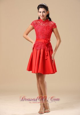 2013 High-neck Red Mother Of The Bride Dress With Sash Lace and Taffeta In Juneau