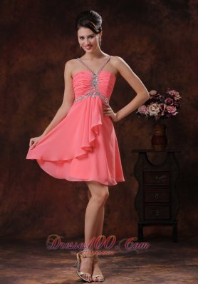 Cheap V-neck Zipper-up Watermelon Short Prom Dress With Beaded Decorate In Marana Arizona