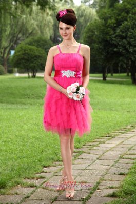 Cheap Hot Pink Empire Straps Mini-length Tulle Sashes Prom / Homecoming Dress