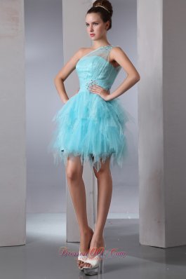 Cheap Aqua Blue Column One Shoulder Short Prom Dress Asymmetrical Organza Beading