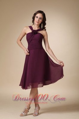 Dark Purple A-line V-neck Knee-length Chiffon Hand Made Flower Bridesmaid Dress  Under 100