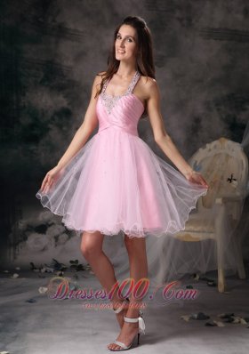 Customize Pink Column Straps Short Prom Dress with Beading Mini-length  Under 100