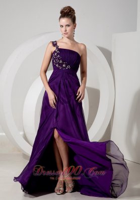2013 Exquisite Evening Dress Eggplant Purple Empire One Shoulder Chiffon Appliques Brush Train