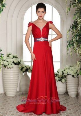 2013 V-neck Cap Sleeves Wine Red Beading and Ruch Evening Gowns With Brush Train