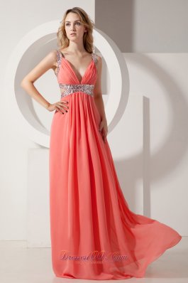 2013 Watermelon Empire V-neck Floor-length Sequins Chiffon Prom Dress