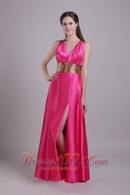 2013 Hot Pink Empire V-neck Floor-length Taffeta Sash Prom / Evening Dress