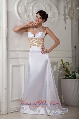 2013 Elegant White Prom Dress A-line / Princess Straps Brush Train Satin Beading