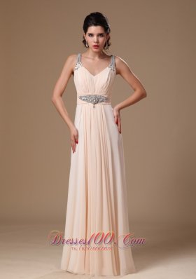 Discount Champagne Chiffon V-neck Empire Beaded Decorate Shoulder Custom Made Prom Gowns In 2013