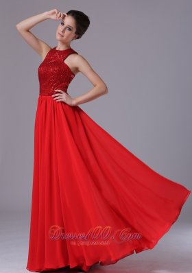 Discount Paillette Over Skirt Chiffon High-Neck Empire Red Affordable Celebrity Prom Dress