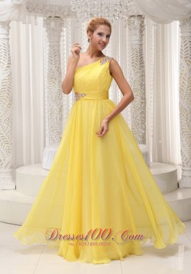 Discount Beaded Decorate One Shoulder and Wasit Ruched Bodice Yellow Chiffon Custom Made Floor-length Prom / Evening Dress For 2013