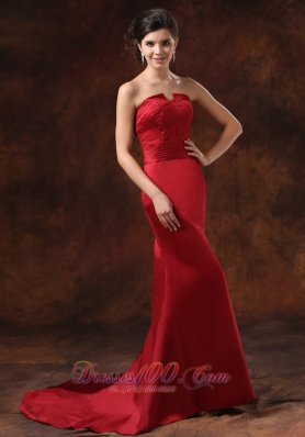 Discount Custom Made Mermaid Red Satin Prom Dress With Brush Train Strapless For 2013 Prom In Rosario