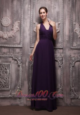 Discount Dark Purple Empire Halter Floor-length Chiffon Ruch Prom / Evening Dress