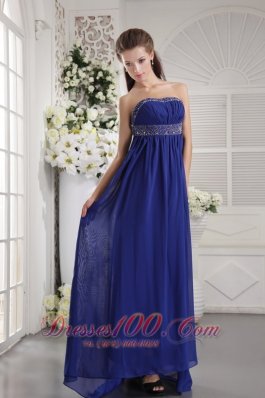 Discount Blue Empire Strapless Brush Train Chiffon Beading Prom / Evening Dress