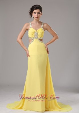 Fashion Straps Chiffon Yellow Evening Dress With Brush Train Beaded Decorate