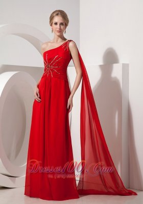 Fashion Pretty Red Evening Dress Empire One Shoulder Chiffon Beading Watteau Train