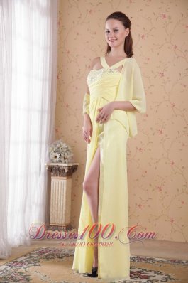 Fashion Light Yellow Empire Asymmetrical Floor-length Chiffon Beading and Rhinestones Prom / Evening Dress