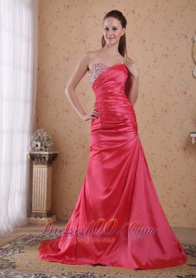 Fashion Coral Red A-line / Princess Sweetheart Court Train Taffeta Beading and Ruch Prom / Celebrity Dress