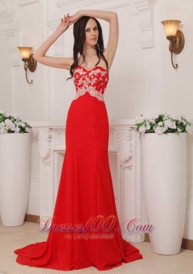 Fashion Red Column Sweetheart Brush Train Chiffon Appliques Prom / Pageant Dress