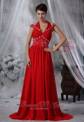 Fashion Iowa City Iowa V-neck Beaded Decorate Wasit Ruched Decorate Bust Brush Train Red Chiffon For 2013 Prom / Evening Dress