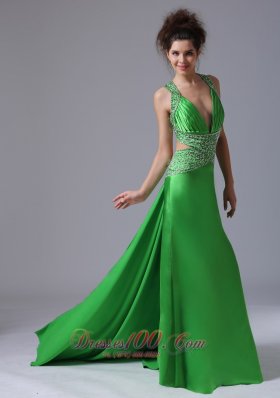 Fashion Spring Green Column V-neck Watteau Taffeta Prom Dress Backless