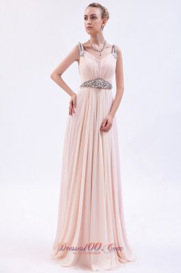 Fashion Pink Empire Straps Prom Dress Chiffon Beading Brush Train
