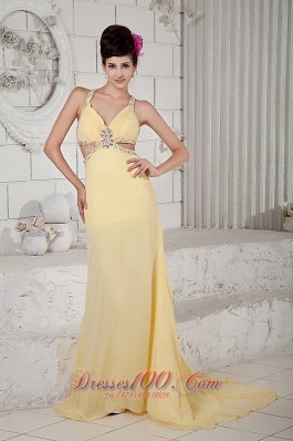 Fashion Exquisite Light Yellow Empire Evening Dress Straps Chiffon Beading Brush Train