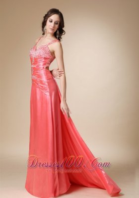 Fashion Watermelon Red Column Straps Brush Train Elastic Wove Satin Beading Prom / Evening Dress