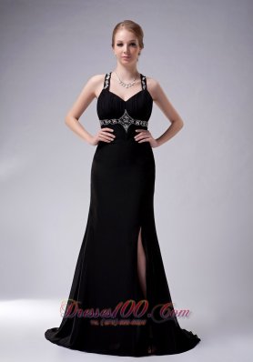 Formal Exquisite Black A-line Straps Mother Of The Bride Dress Brush Train Chiffon Beading