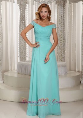 Formal Simple Apple Green Blue Off The Shoulder Ruched Bodice Customize Prom Dress With Beading Chiffon 2013