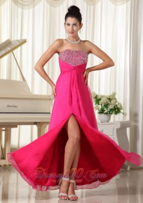 Formal High Slit Strapless and Beaded Decorate Bust Hot Pink Prom Dress