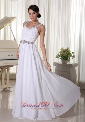 Formal Beaded Decorate Straps and Waist White Chiffon Empire Prom Dress For Foramal Evening