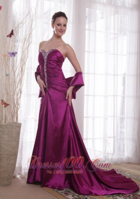 Formal Dark Purple A-Line / Princess Sweetheart Court Train Taffeta Beading Prom Dress