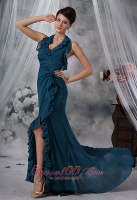 Formal Storm Lake Iowa Halter High Slit Brush Train Teal Chiffon Prom / Evening Dress For 2013 Sexy Style