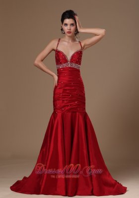 Formal Wine Red Taffeta Mermaid Sweep Hottest Beaded Prom Celebrity Gowns For Custom Made