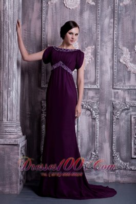 Formal Elegant Dark Purple Mother Of The Bride Dress Column Bateau Chiffon Beading Brush Train