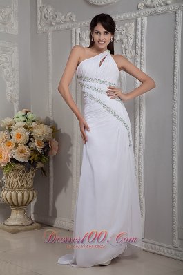 Formal Modern White Column Prom Dress One Shoulder Beading Brush Train Chiffon