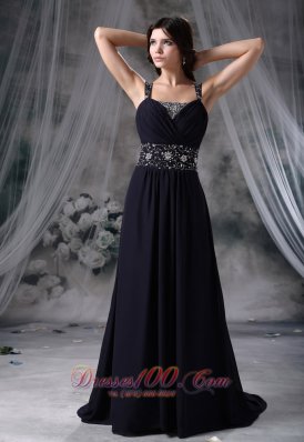 Formal Des Moines Iowa Beaded Decorate Straps and Wasit Brush Train Navy Blue Chiffon Prom / Evening Dress For 2013