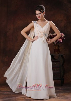Celebrity Champagne V-neck Watteat Train Chiffon Prom Dress With Beaded and Bow Decorate In Paradise Valley Arizona