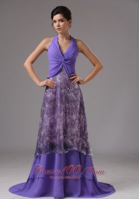 Celebrity Purple Custom Made Halter Ruched Bodice For Rrom Dress