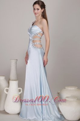 Celebrity Light Blue Column/Sheath One Shoulder Floor-length Taffeta Beading Prom Dress