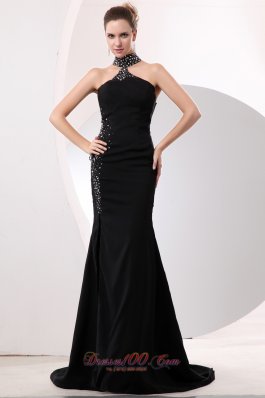 Celebrity Sexy Black Mermaid High-neck Prom / Evening Dress Brush Train Taffeta Beading