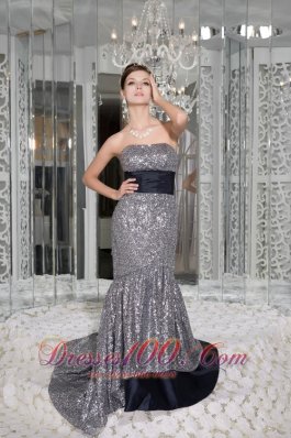 Celebrity Beautiful Mermaid Strapless Prom / Evening Dress Sequin and Taffeta Sash Brush Train